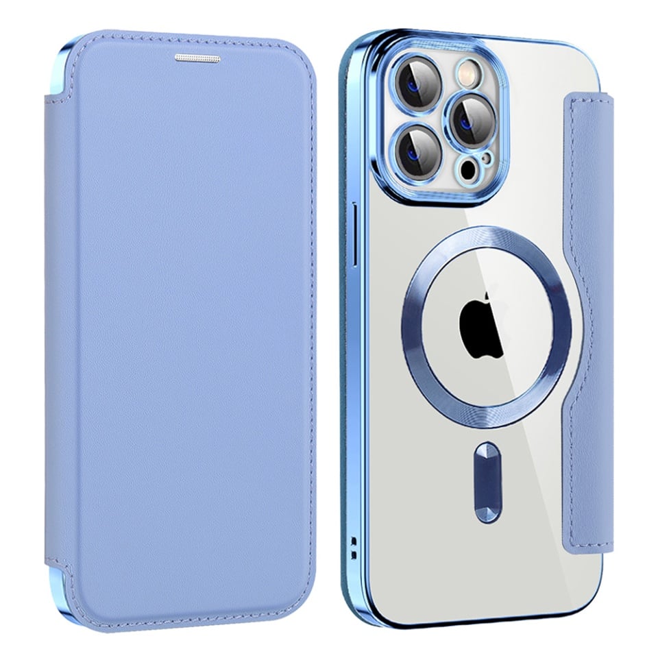 Husa pentru iPhone 13 Pro Max tip carte, SKYDDAR INOVATION, SmartMag Book, Magsafe, RFiD, Suport Carduri, set cu sticker, Bleu - 1 | YEO