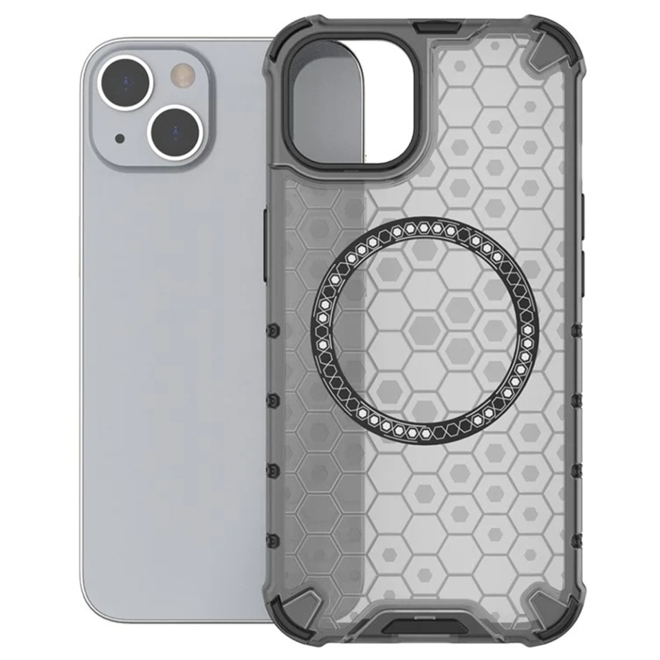 Husa pentru iPhone 13, SKYDDAR INNOVATION, HoneyComb Shield MagSafe, Negru, set cu sticker - 1 | YEO