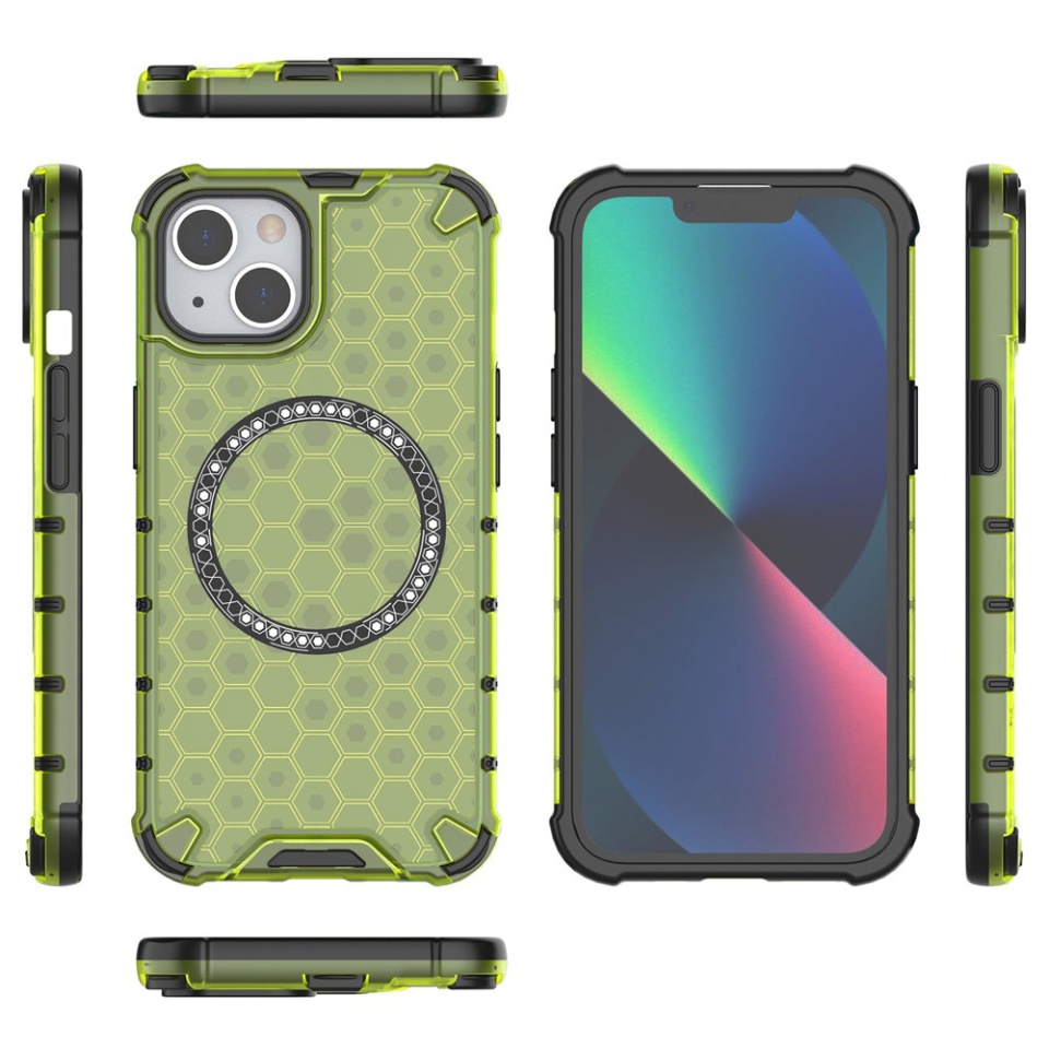 Husa pentru iPhone 13, SKYDDAR INNOVATION, HoneyComb Shield MagSafe, Antisoc, set cu sticker, Verde - 3 | YEO