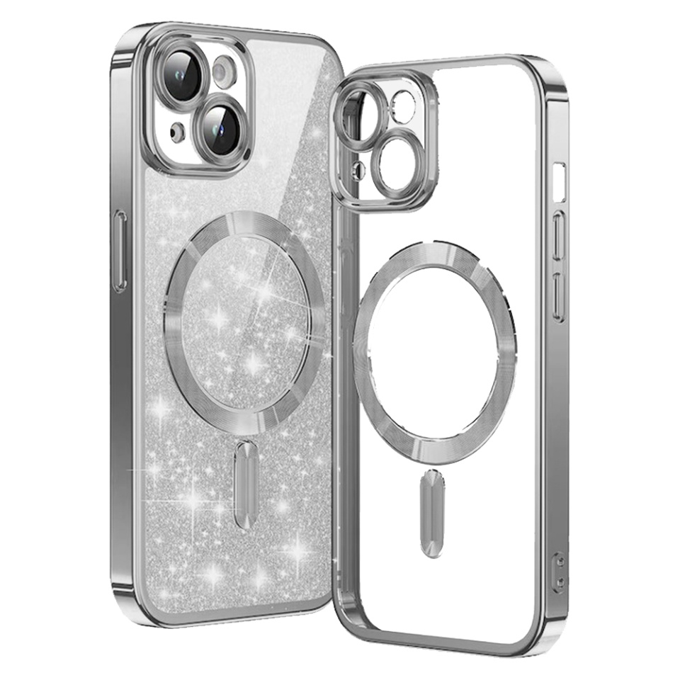 Husa pentru iPhone 13, SKYDDAR INNOVATION, Luxury Glitter Magsafe, Antisoc, Fundal Detasabil 2-in-1, Protectie Superioara, Margini Ridicate, Argintiu, set cu sticker