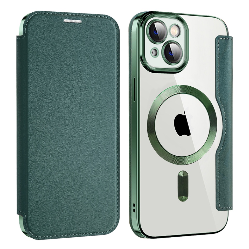 Husa pentru iPhone 13 tip carte, SKYDDAR INOVATION, SmartMag Book, Magsafe, RFiD, Suport Carduri, set cu sticker, Verde - 1 | YEO