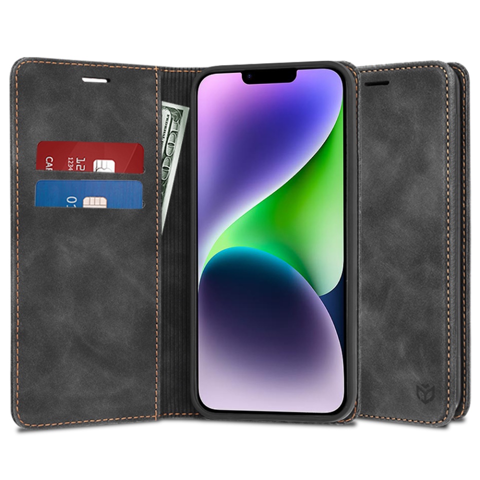 Husa pentru iPhone 14 Plus, SKYDDAR INNOVATION, Soft Wallet, tip Carte din piele Eco Premium, cu Portofel Interior, Negru, set cu sticker