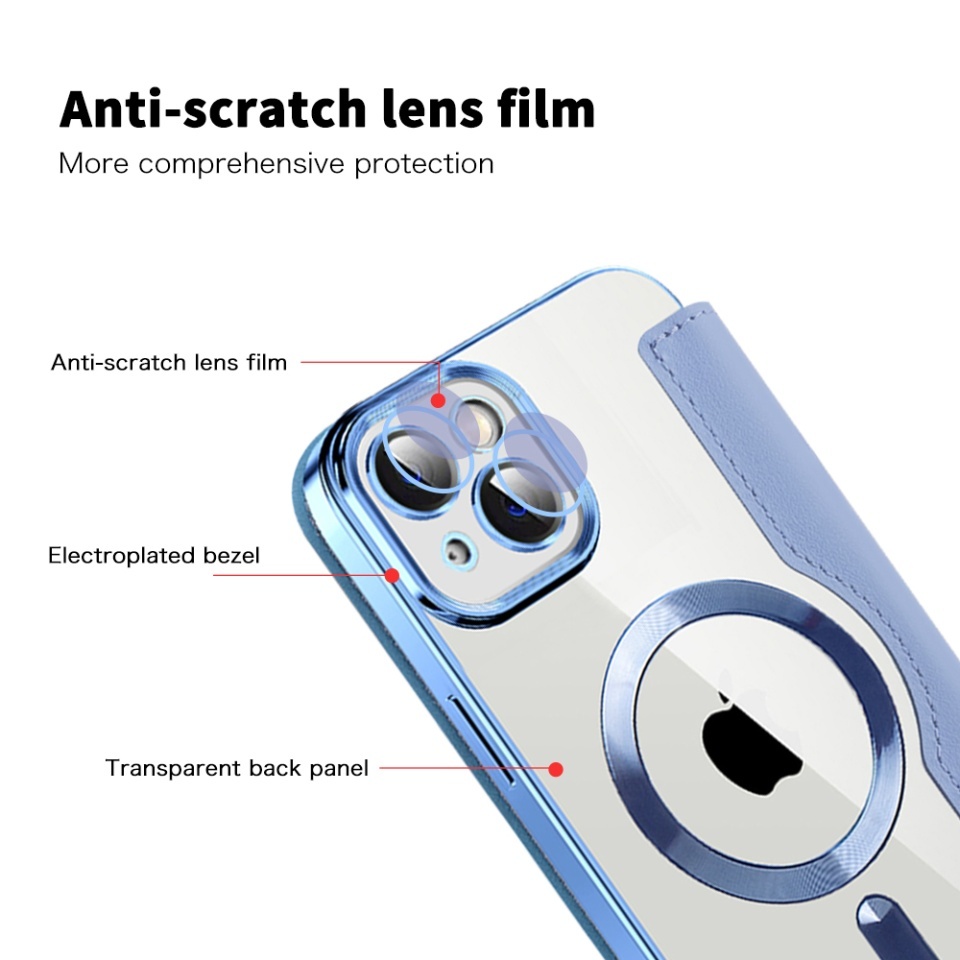 Husa pentru iPhone 14 Plus tip carte, SKYDDAR INOVATION, SmartMag Book, Magsafe, RFiD, Suport Carduri, set cu sticker, Bleu - 2 | YEO