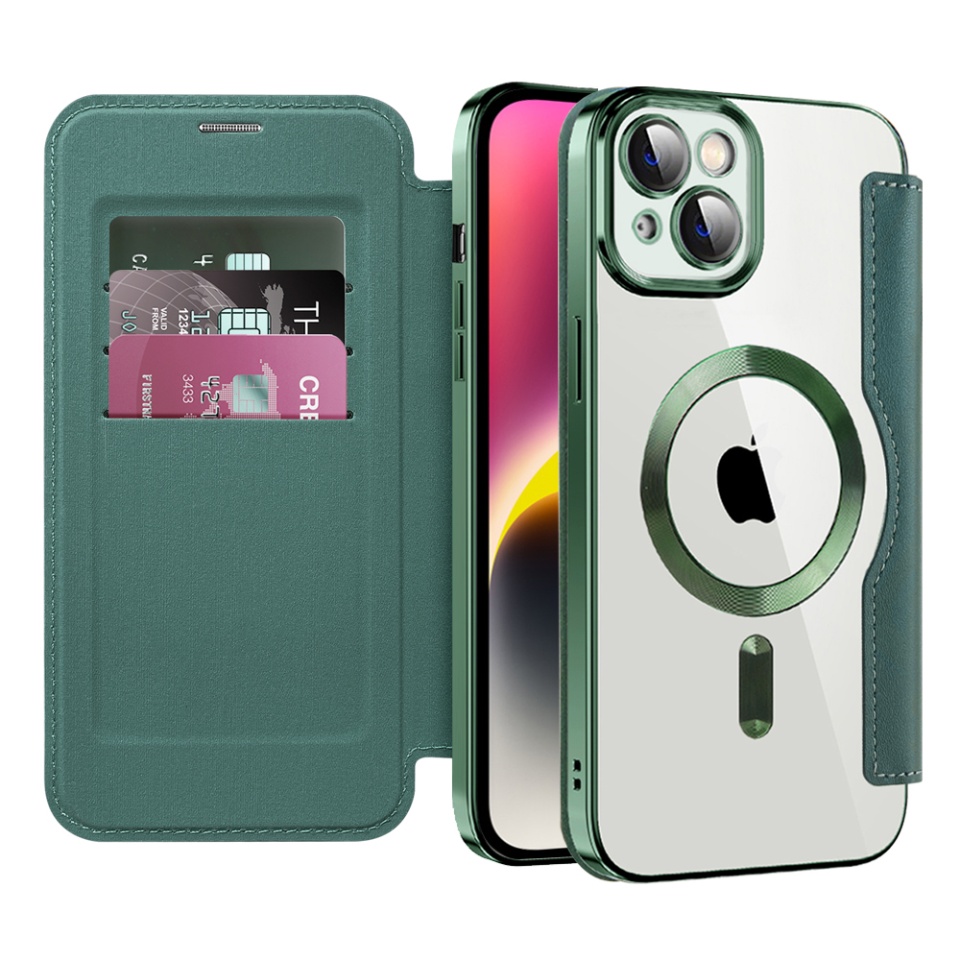 Husa pentru iPhone 14 Plus tip carte, SKYDDAR INOVATION, SmartMag Book, Magsafe, RFiD, Suport Carduri, set cu sticker, Verde