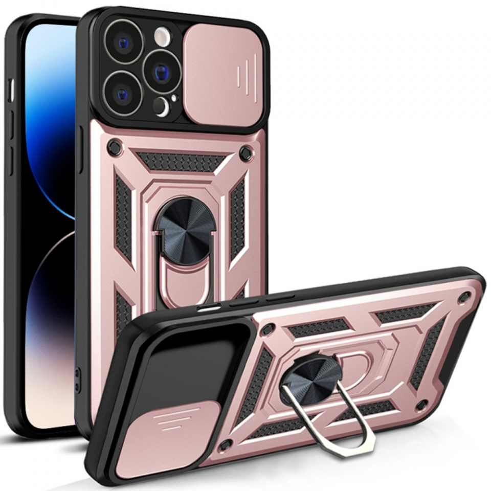 Husa pentru iPhone 14 Pro cu inel magnetic si protectie camera Skyddar CamShield - Rose Gold
