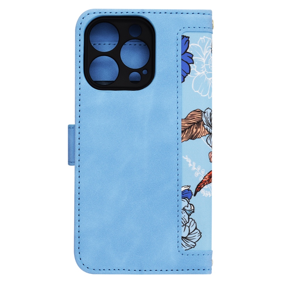 Husa pentru iPhone 14 Pro din Piele Ecologică cu Design Floral, Protecție 360°, Stand Integrat, Buzunare pentru Carduri, SKDR Floral Wallet - Bleu - 2 | YEO
