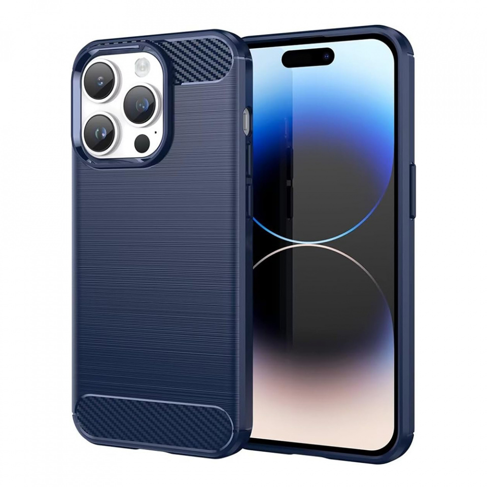Husa pentru iPhone 14 Pro Max din silicon, Slim, cu textură Fibra Carbon - Albastru carbon