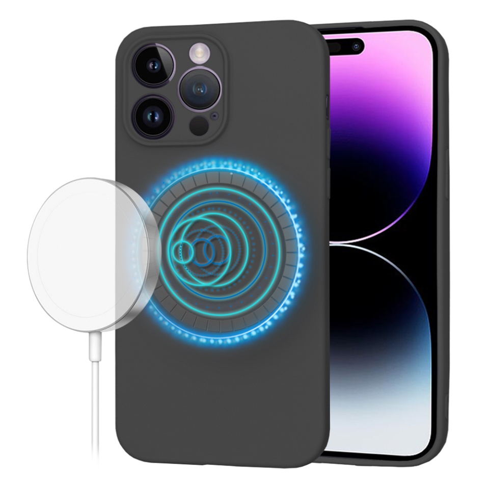 Husa pentru iPhone 14 Pro Max, SKYDDAR INNOVATION, din Silicon Catifelat, SoftFlex Magsafe, Negru, set cu sticker