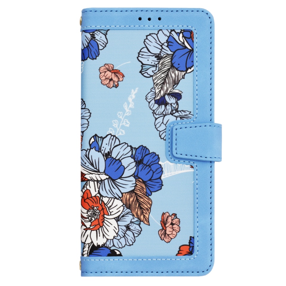 Husa pentru iPhone 14 Pro Max, SKYDDAR INNOVATION, Floral Wallet, din Piele Ecologică cu Design Floral, Protecție 360°, Stand Integrat, Buzunare pentru Carduri, Bleu, set cu sticker - 1 | YEO