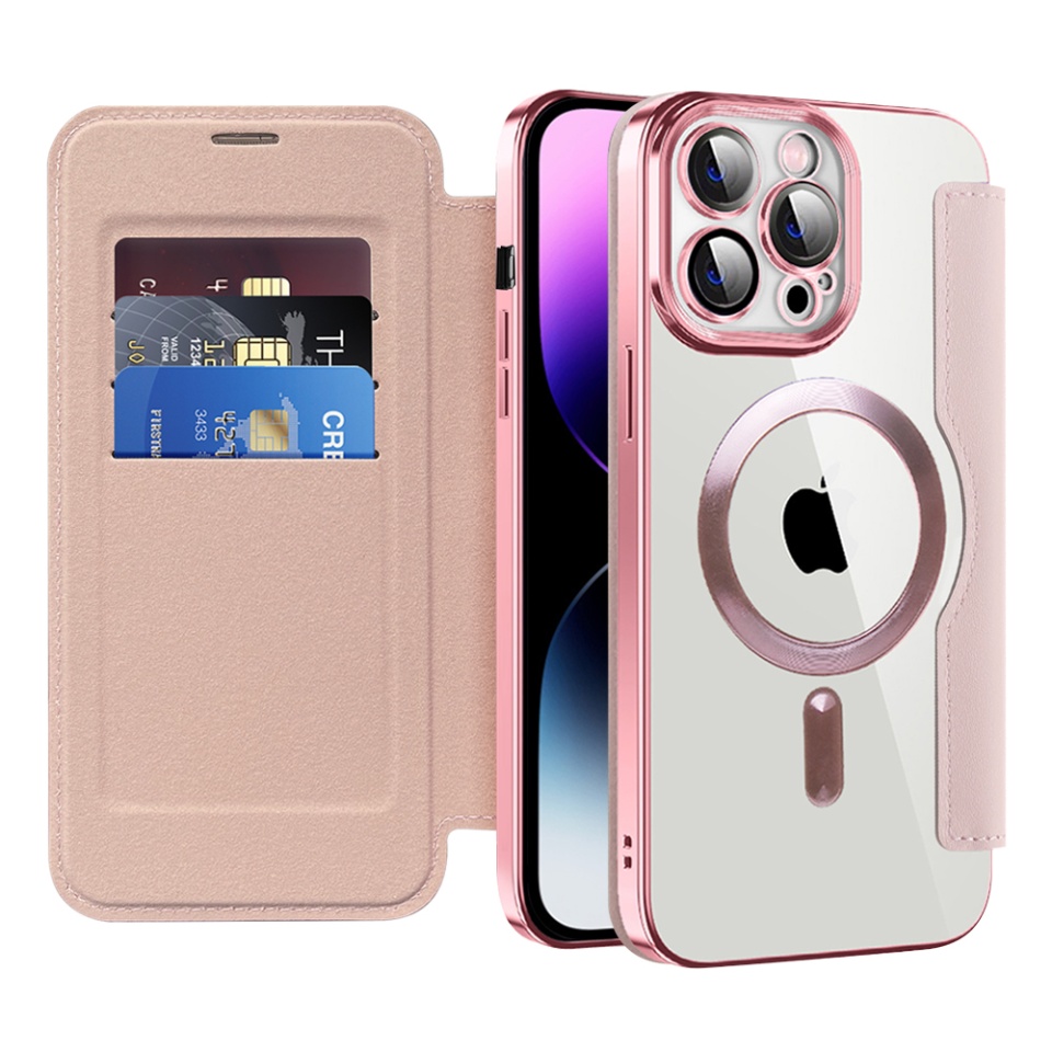 Husa pentru iPhone 14 Pro Max tip carte, SKYDDAR INOVATION, SmartMag Book, Magsafe, RFiD, Suport Carduri, set cu sticker, Roz