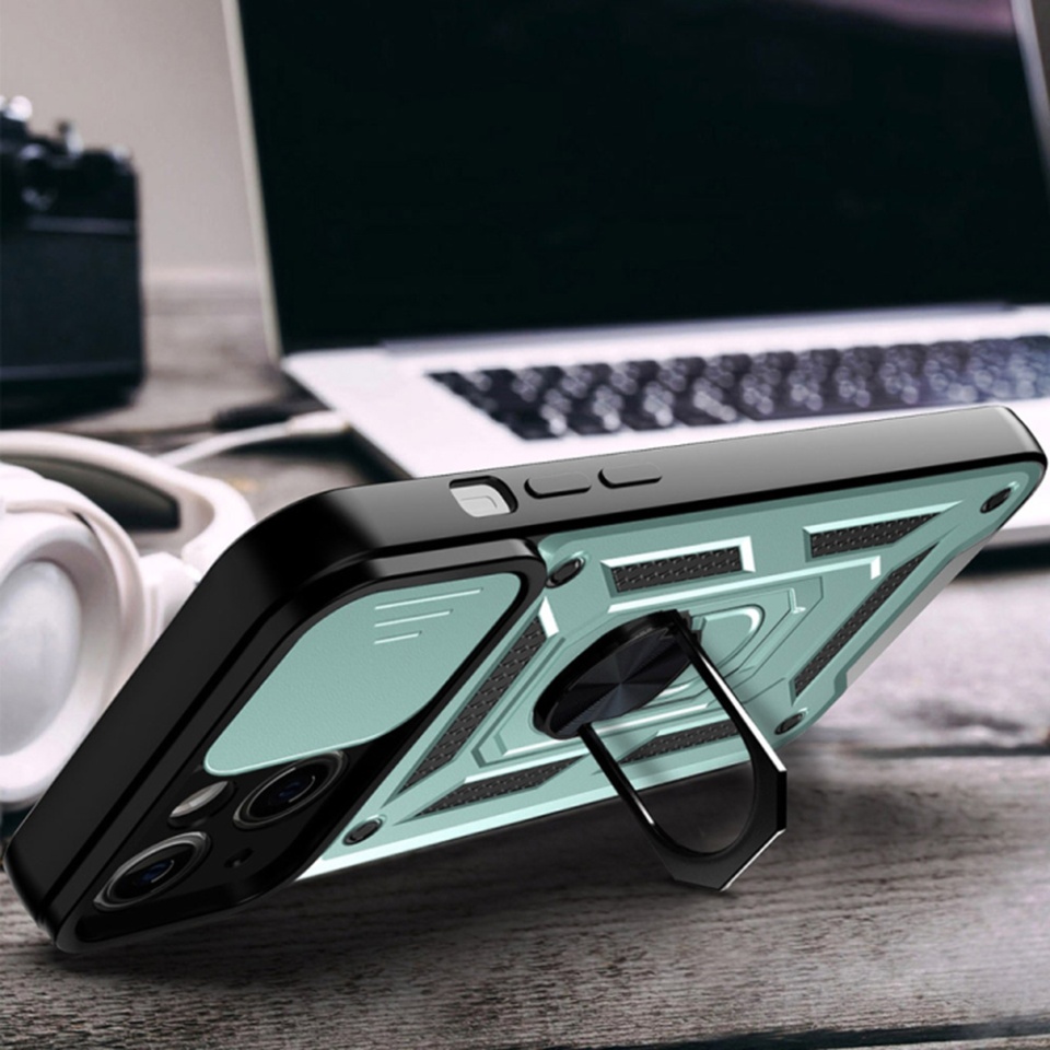 Husa pentru iPhone 14 Pro, SKYDDAR INNOVATION, CamShield, Verde, set cu sticker - 3 | YEO