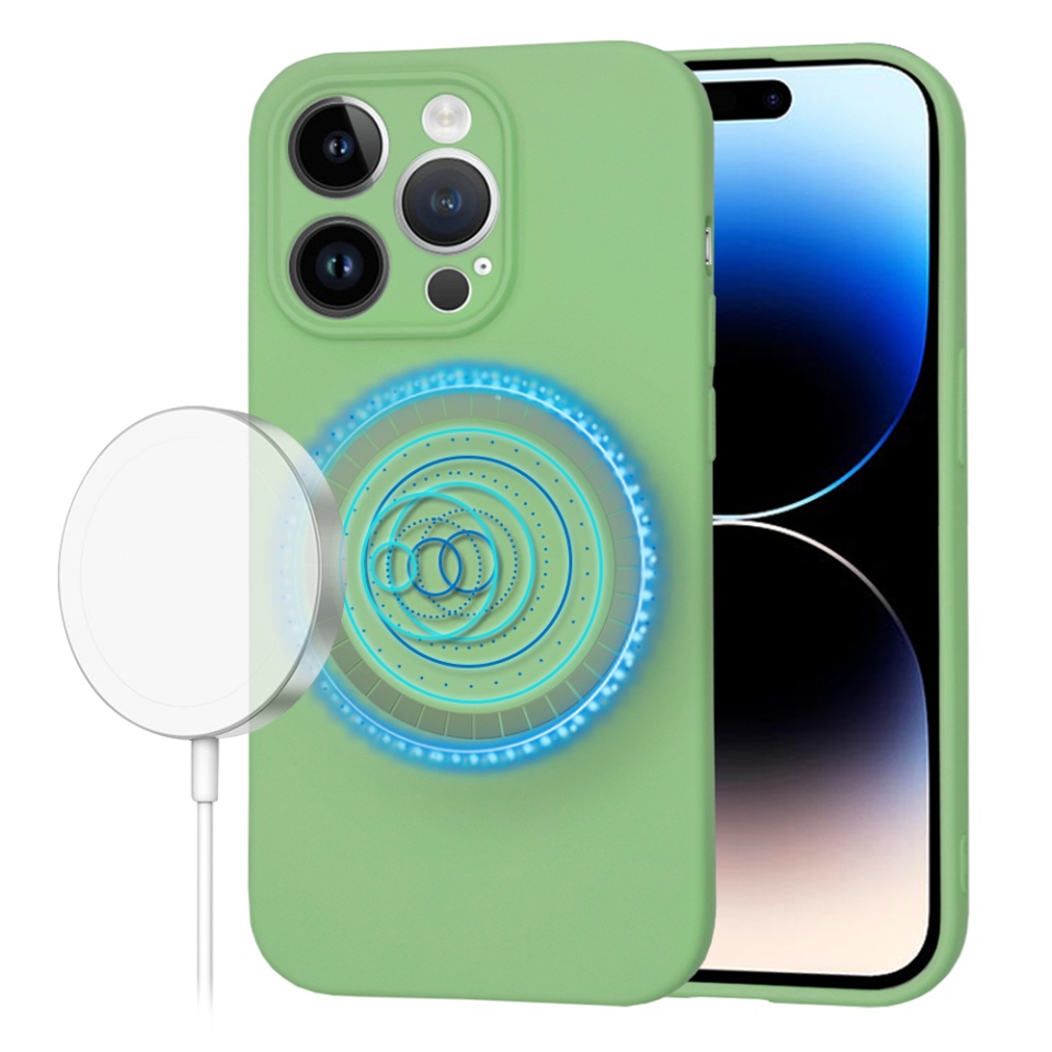 Husa pentru iPhone 14 Pro, SKYDDAR INNOVATION, din Silicon Catifelat, SoftFlex Magsafe, Verde deschis, set cu sticker