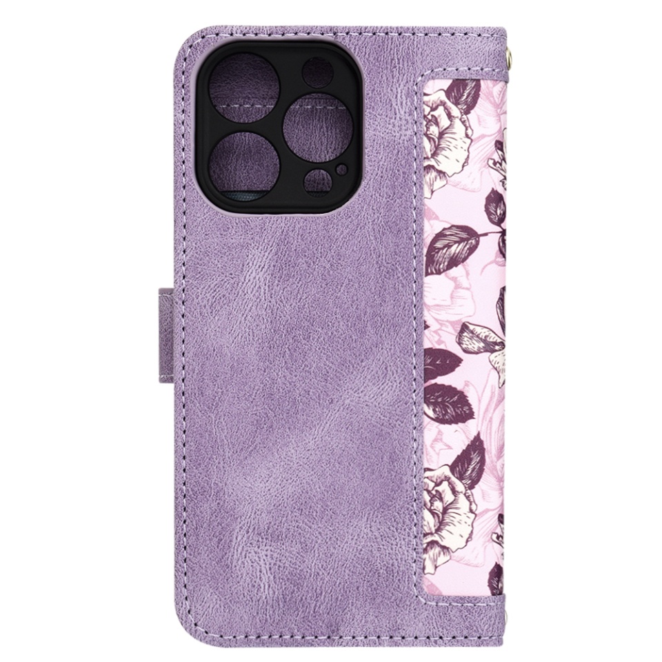 Husa pentru iPhone 14 Pro, SKYDDAR INNOVATION, Floral Wallet, din Piele Ecologică cu Design Floral, Protecție 360°, Stand Integrat, Buzunare pentru Carduri, Mov, set cu sticker - 2 | YEO