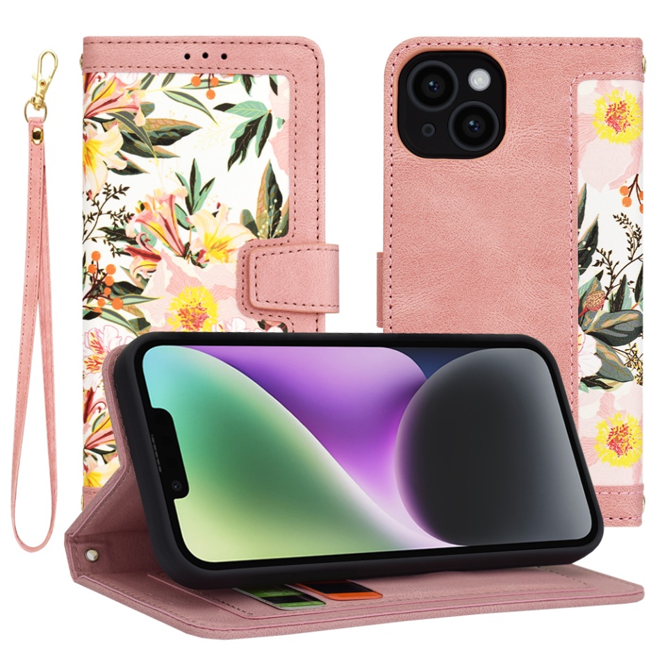 Husa pentru iPhone 14, SKYDDAR INNOVATION, Floral Wallet, din Piele Ecologică cu Design Floral, Protecție 360°, Stand Integrat, Buzunare pentru Carduri, Roz, set cu sticker