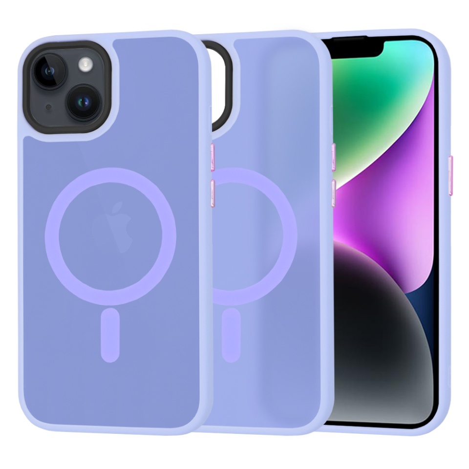Husa pentru iPhone 14, SKYDDAR INNOVATION, HaloFrost MagSafe, Antisoc, set cu sticker, Mov deschis