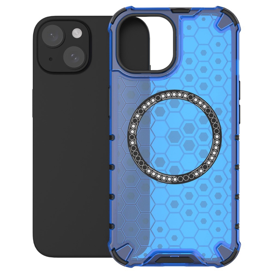 Husa pentru iPhone 14, SKYDDAR INNOVATION, HoneyComb Shield MagSafe, Antisoc, set cu sticker, Albastru - 1 | YEO