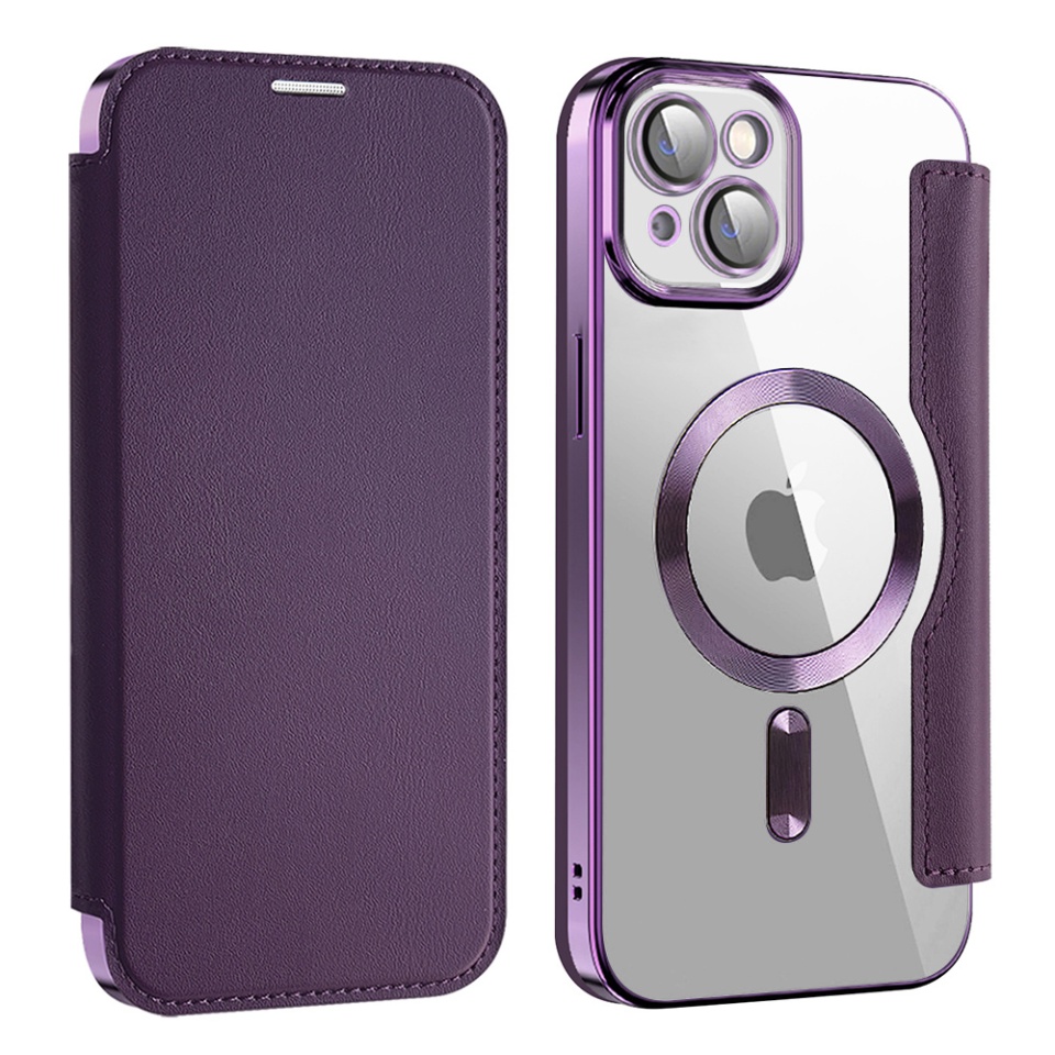 Husa pentru iPhone 14 tip carte, SKYDDAR INOVATION, SmartMag Book, Magsafe, RFiD, Suport Carduri, set cu sticker, Mov - 1 | YEO