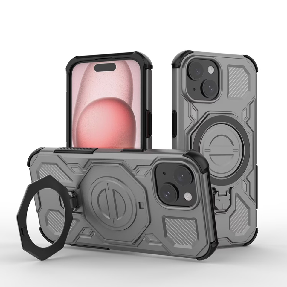 Husa pentru iPhone 15, Antisoc, SKYDDAR INOVATION, Carbon Shield PRO, Magsafe, set cu sticker, Fumuriu