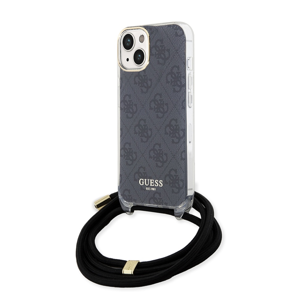 Husa pentru iPhone 15 cu snur, Crossbody Cord 4G Print, Guess - Negru
