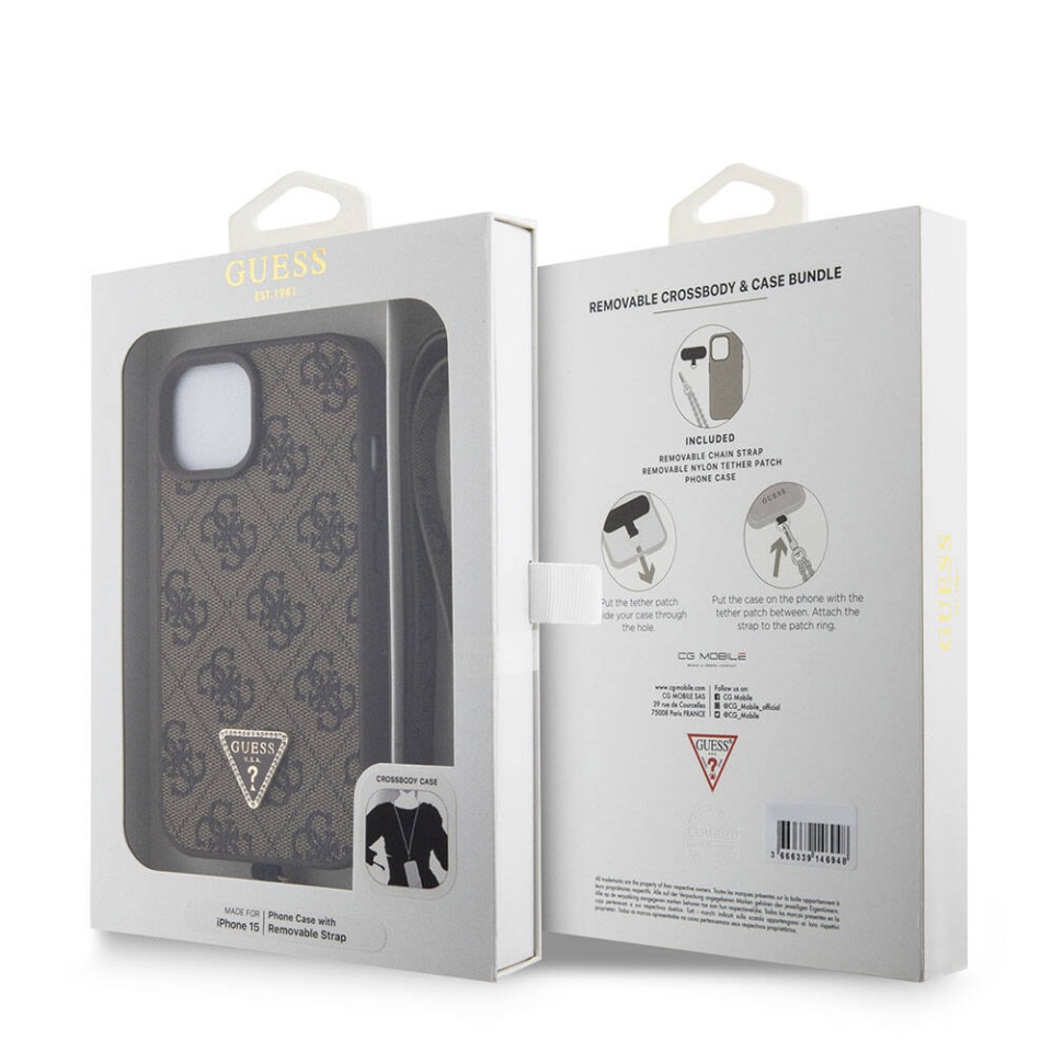 Husa pentru iPhone 15 cu snur, Leather Metal Logo Strass Crossbody, Guess - Maro - 7