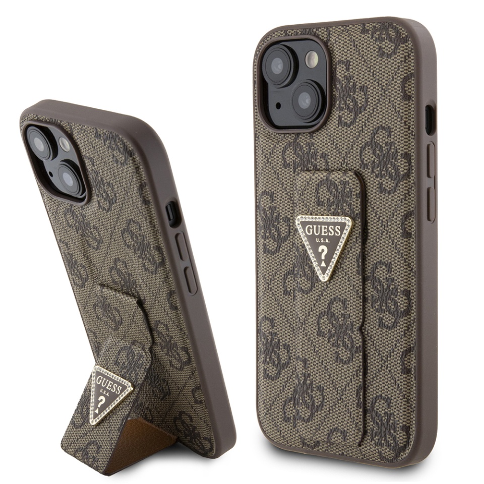Husa pentru iPhone 15, Grip Stand 4G Triangle Strass, Guess - Maro