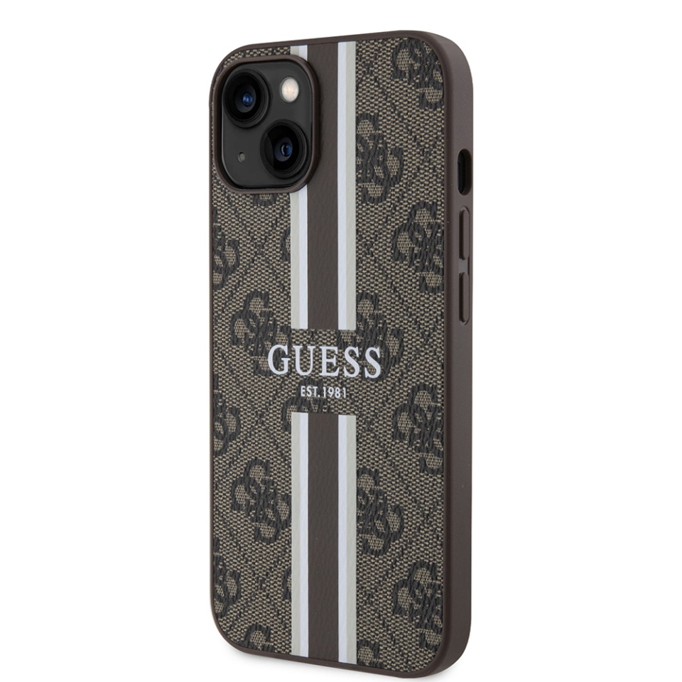 Husa pentru iPhone 15, Guess, Guess, Hardcase 4G Printed Stripes MagSafe, Maro - 3 | YEO