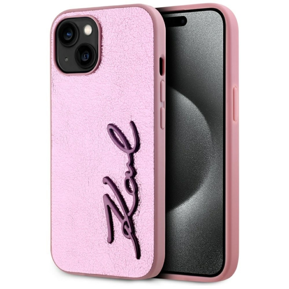 Husa pentru iPhone 15, Hardcase Leather, Karl Lagerfeld, Roz