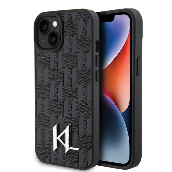 Husa pentru iPhone 15, Hardcase Leather Monogram, Karl Lagerfeld - Logo Negru