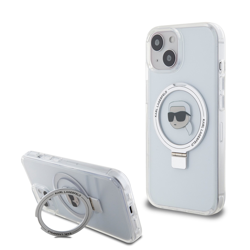 Husa pentru iPhone 15, Hardcase Ring Stand MagSafe, Karl Lagerfeld - Alb