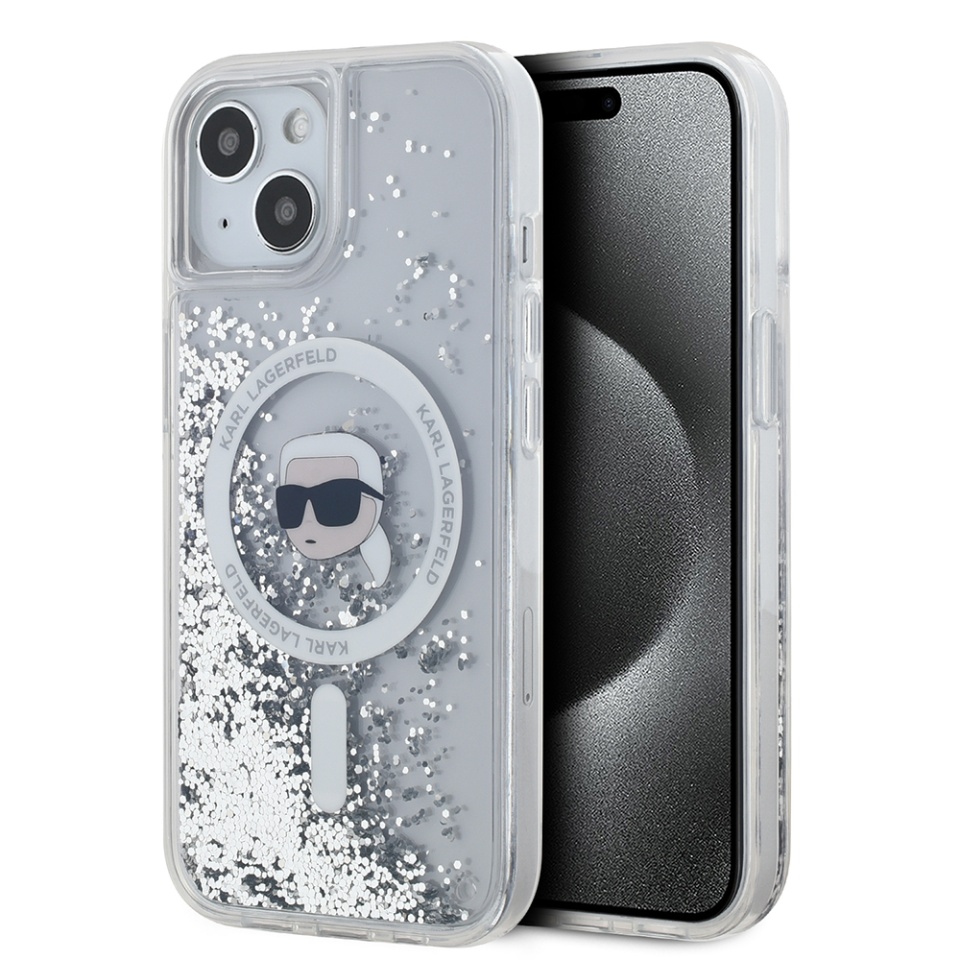 Husa pentru iPhone 15, Liquid Glitter MagSafe, Karl Lagerfeld - Transparenta