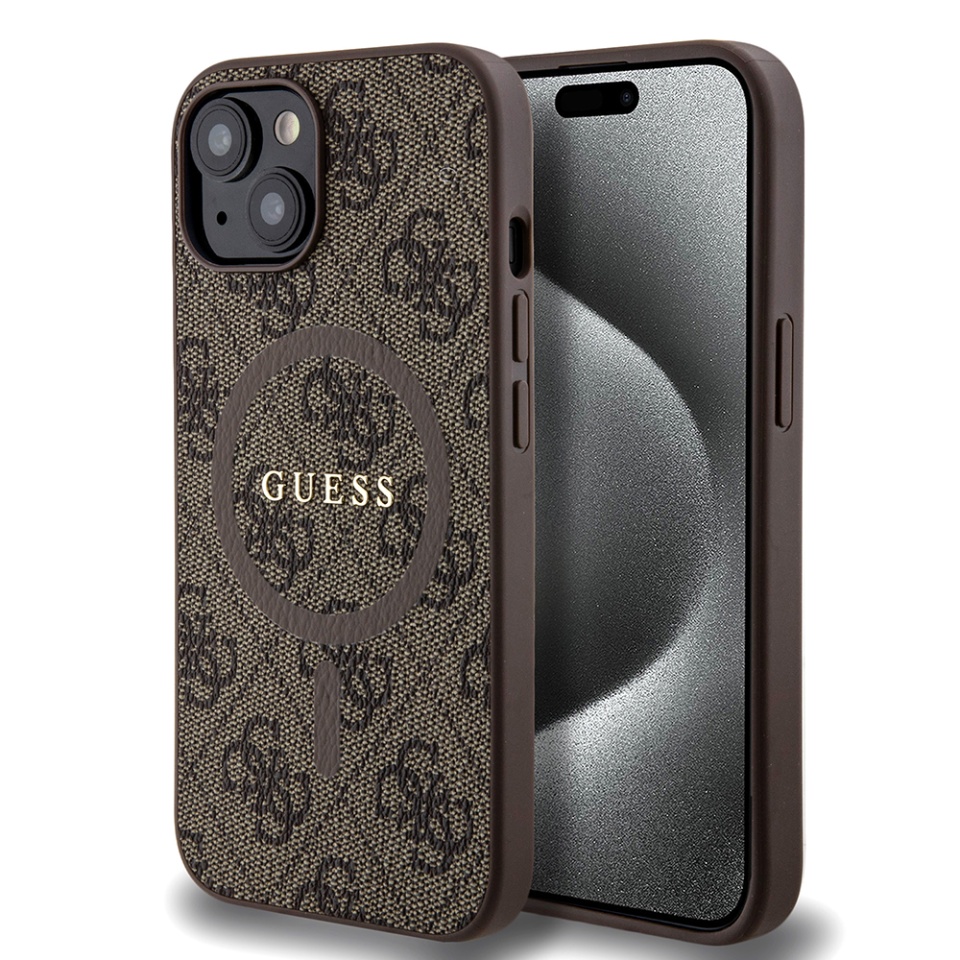 Husa pentru iPhone 15 Plus, 4G Collection Leather MagSafe, Guess - Maro