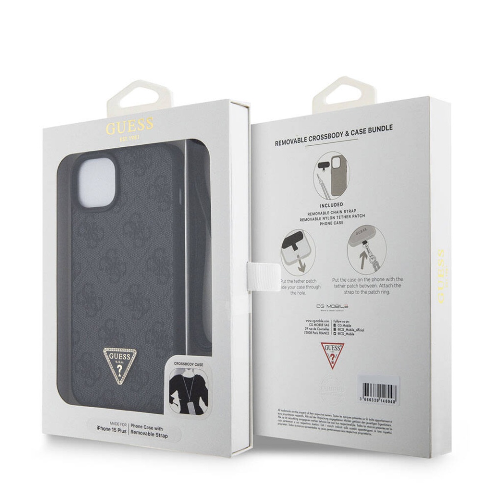 Husa pentru iPhone 15 Plus cu snur, Leather Metal Logo Strass Crossbody, Guess - Negru - 7