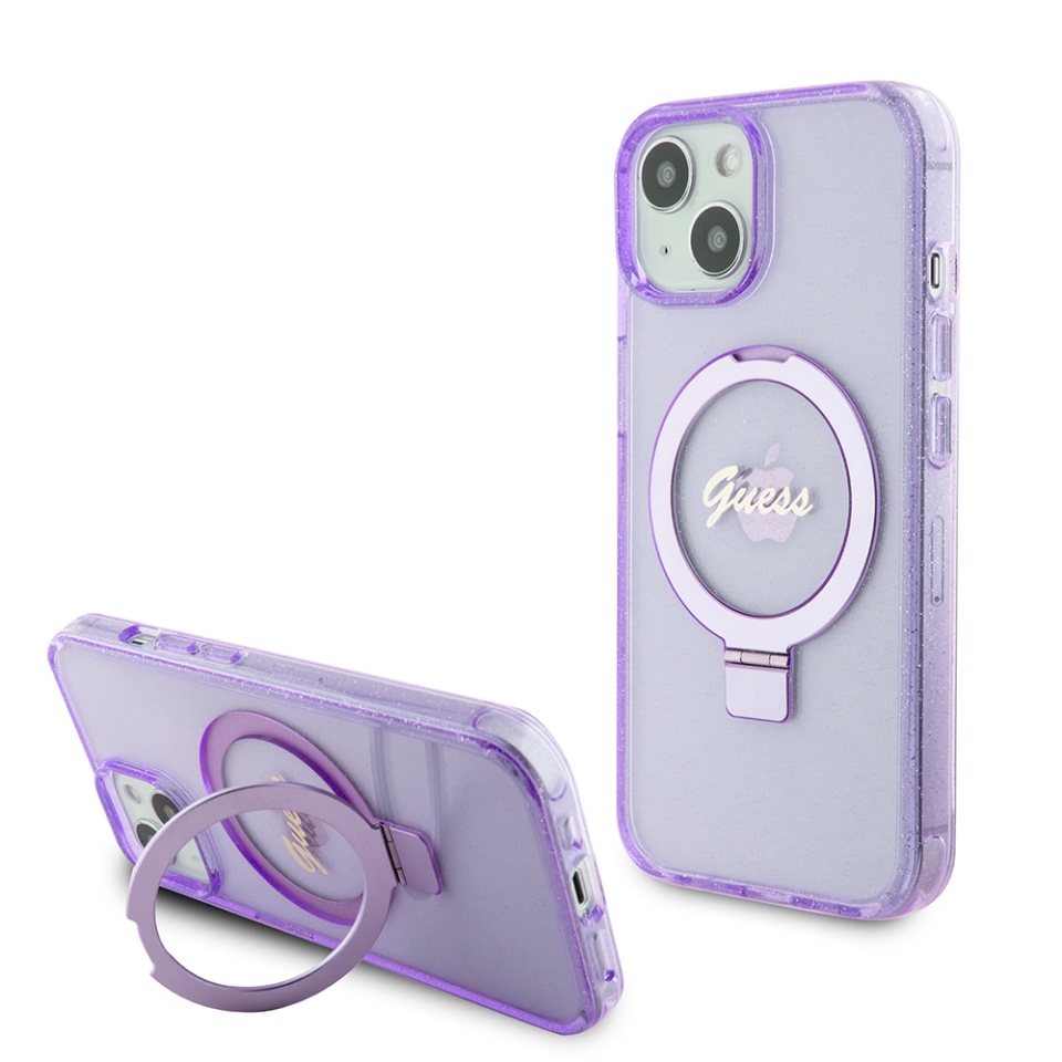 Husa pentru iPhone 15 Plus Ring Stand Script Glitter, Guess - Mov