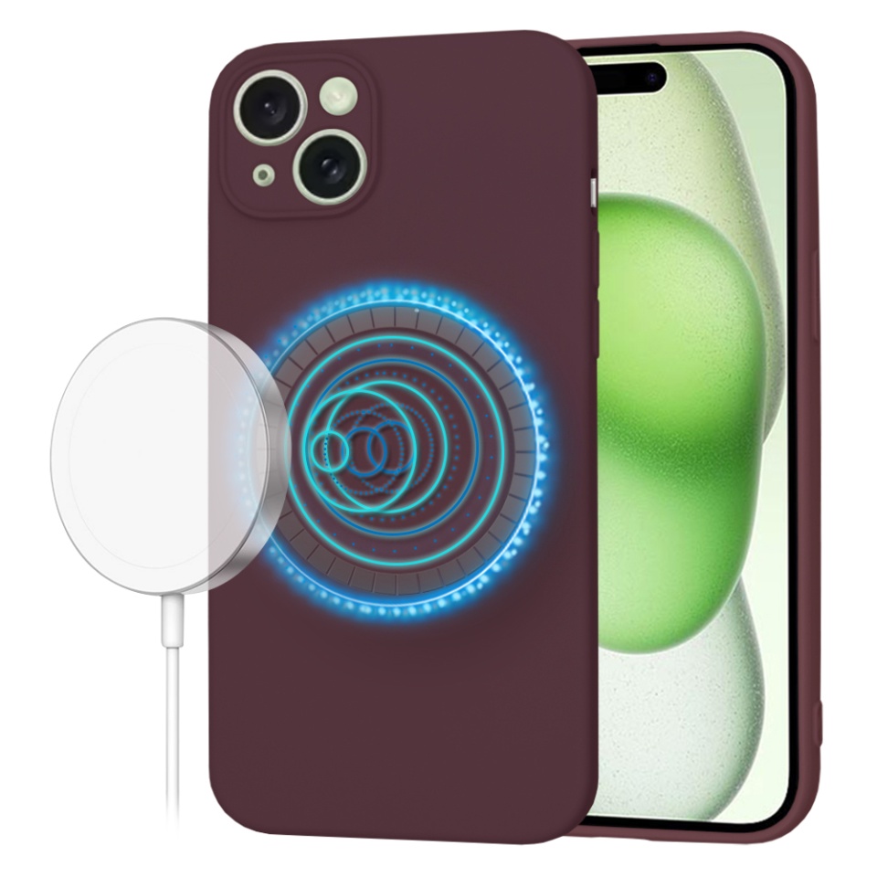 Husa pentru iPhone 15 Plus, SKYDDAR INNOVATION, din Silicon Catifelat, SoftFlex Magsafe, Bordo, set cu sticker