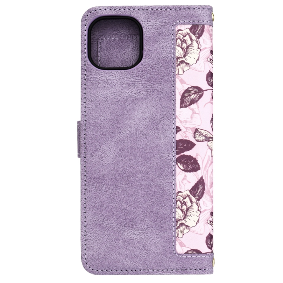 Husa pentru iPhone 15 Plus, SKYDDAR INNOVATION, Floral Wallet, din Piele Ecologică cu Design Floral, Protecție 360°, Stand Integrat, Buzunare pentru Carduri, Mov, set cu sticker - 2 | YEO