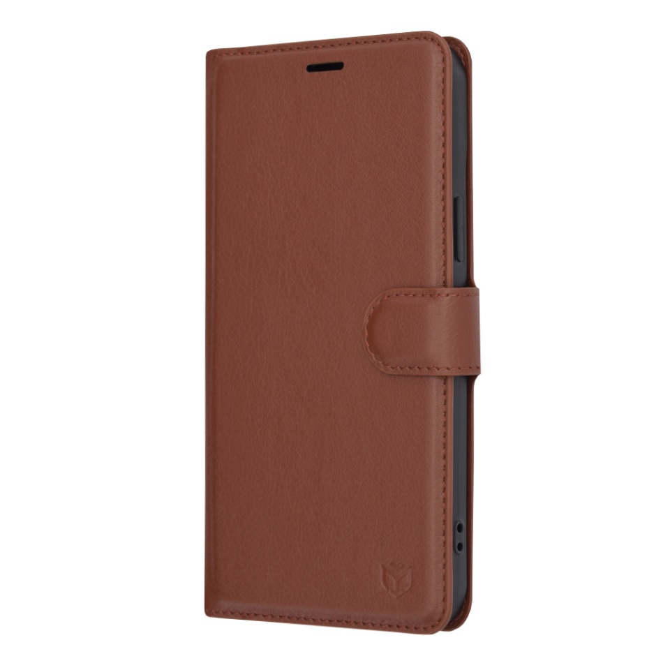 Husa pentru iPhone 15 Plus, SKYDDAR INNOVATION, Leather Folio, tip Carte, cu Portofel Interior, Finisaje Premium, Maro, set cu sticker - 3 | YEO