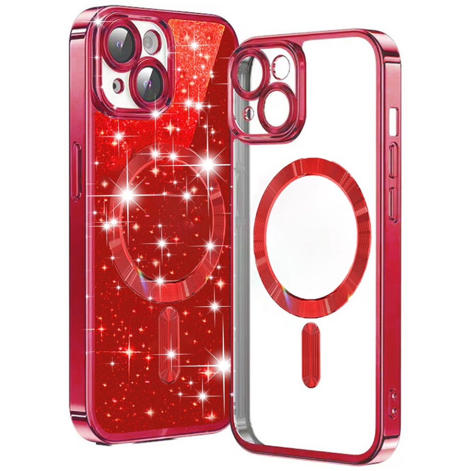 Husa pentru iPhone 15 Plus, SKYDDAR INNOVATION, Luxury Glitter Magsafe, Antisoc, Fundal Detasabil 2-in-1, Protectie Superioara, Margini Ridicate, Rosu, set cu sticker
