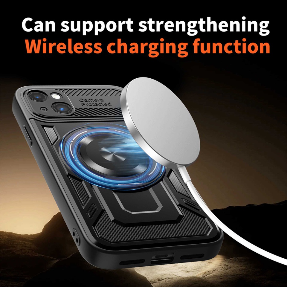 Husa pentru iPhone 15 Plus, SKYDDAR INNOVATION, RuggedCam, Inel magnetic antisoc, set cu sticker, Negru - 1 | YEO