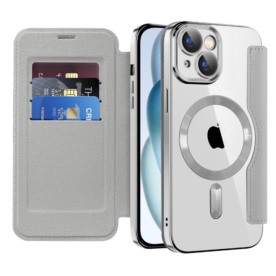 Husa pentru iPhone 15 Plus tip carte, SKYDDAR INOVATION, SmartMag Book, Magsafe, RFiD, Suport Carduri, set cu sticker, Gri