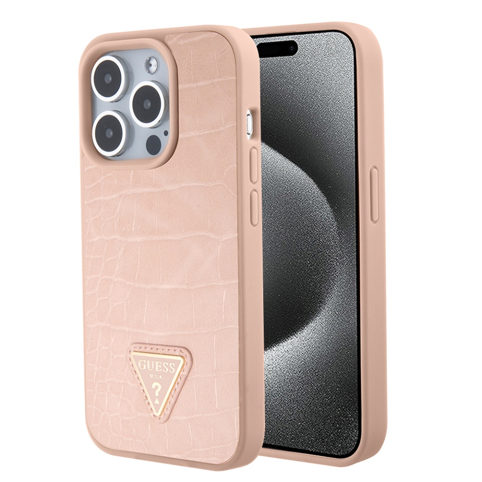 Husa pentru iPhone 15 Pro, Croco Triangle Metal Logo, Guess - Roz