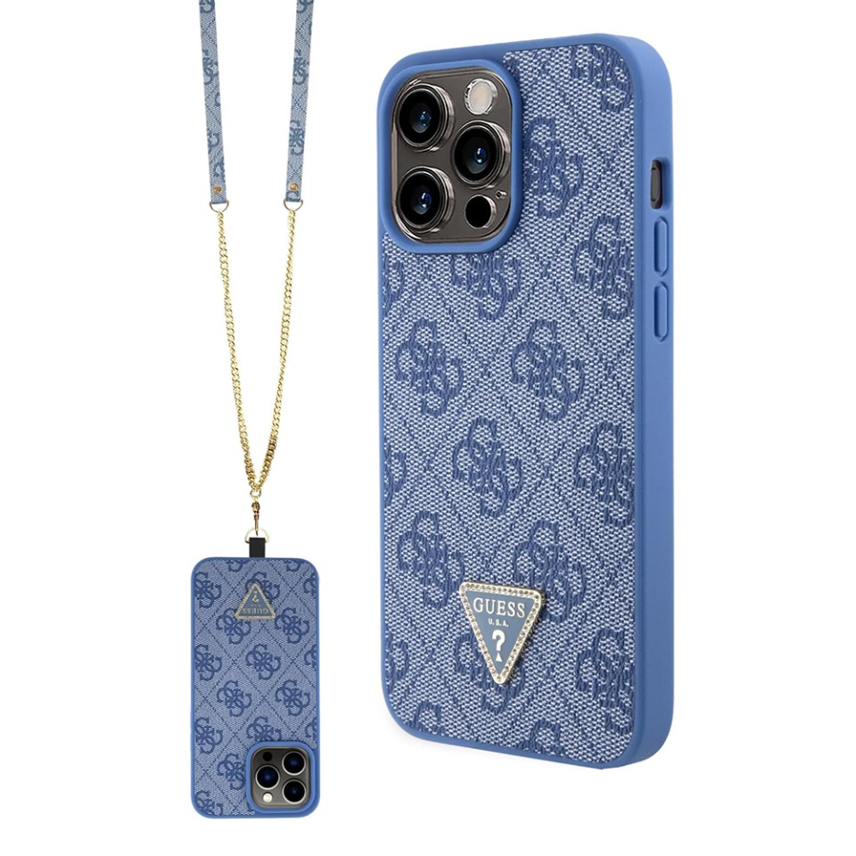 Husa pentru iPhone 15 Pro cu snur, Leather Metal Logo Strass Crossbody, Guess - Albastru