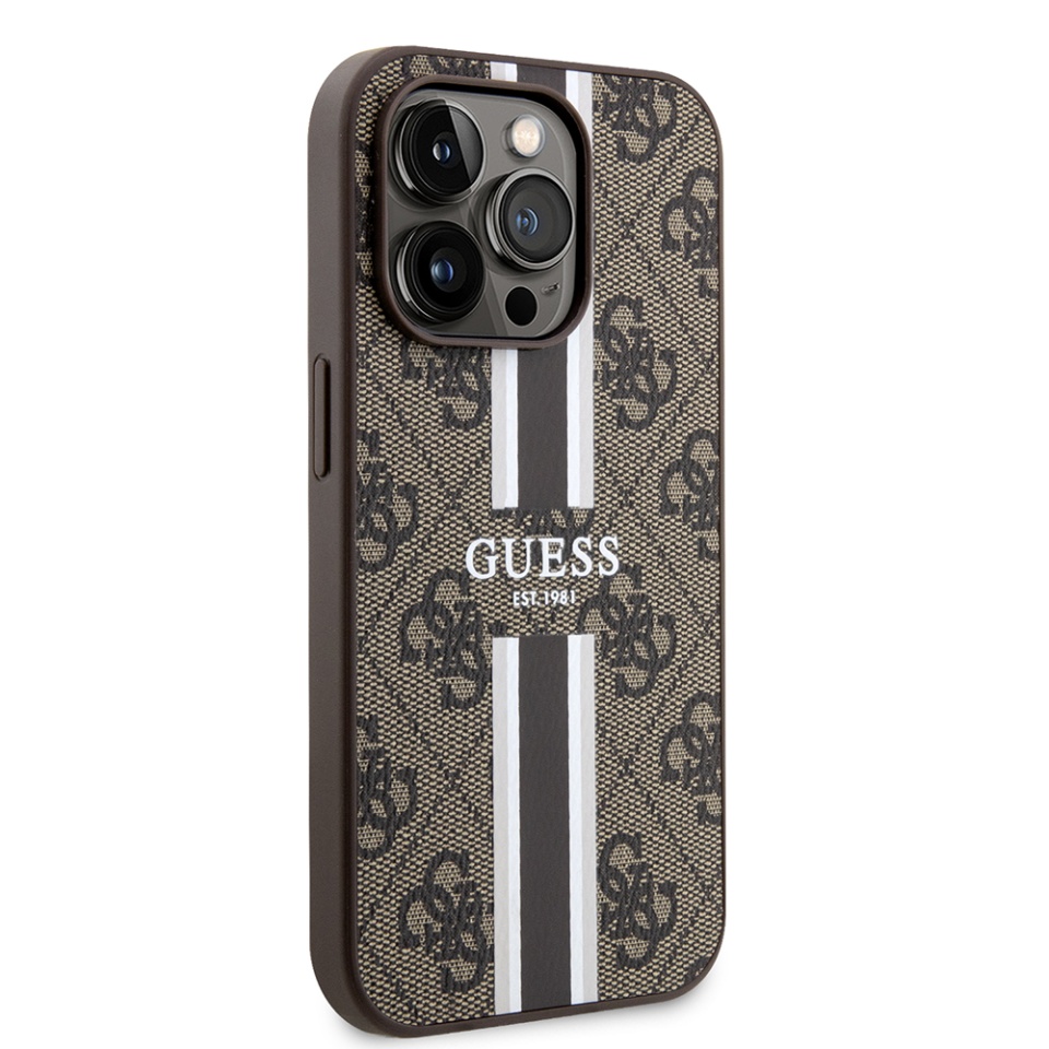 Husa pentru iPhone 15 Pro, Guess, Hardcase 4G Printed Stripes MagSafe, Maro - 2 | YEO
