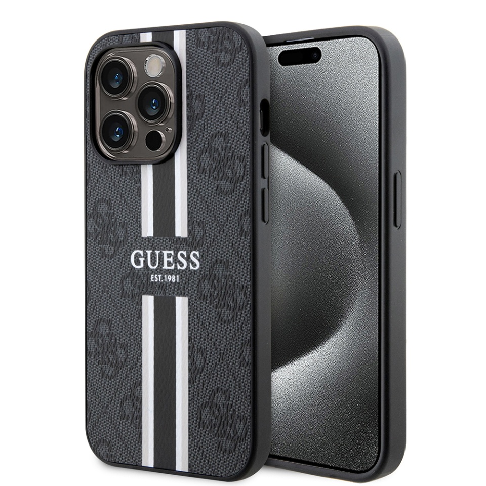 Husa pentru iPhone 15 Pro Max, Guess, Hardcase 4G Printed Stripes MagSafe, Negru