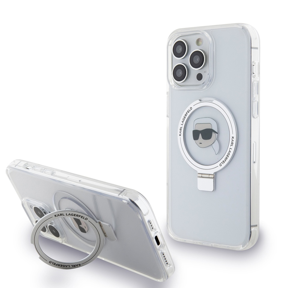 Husa pentru iPhone 15 Pro Max, Hardcase Ring Stand MagSafe, Karl Lagerfeld - Alb