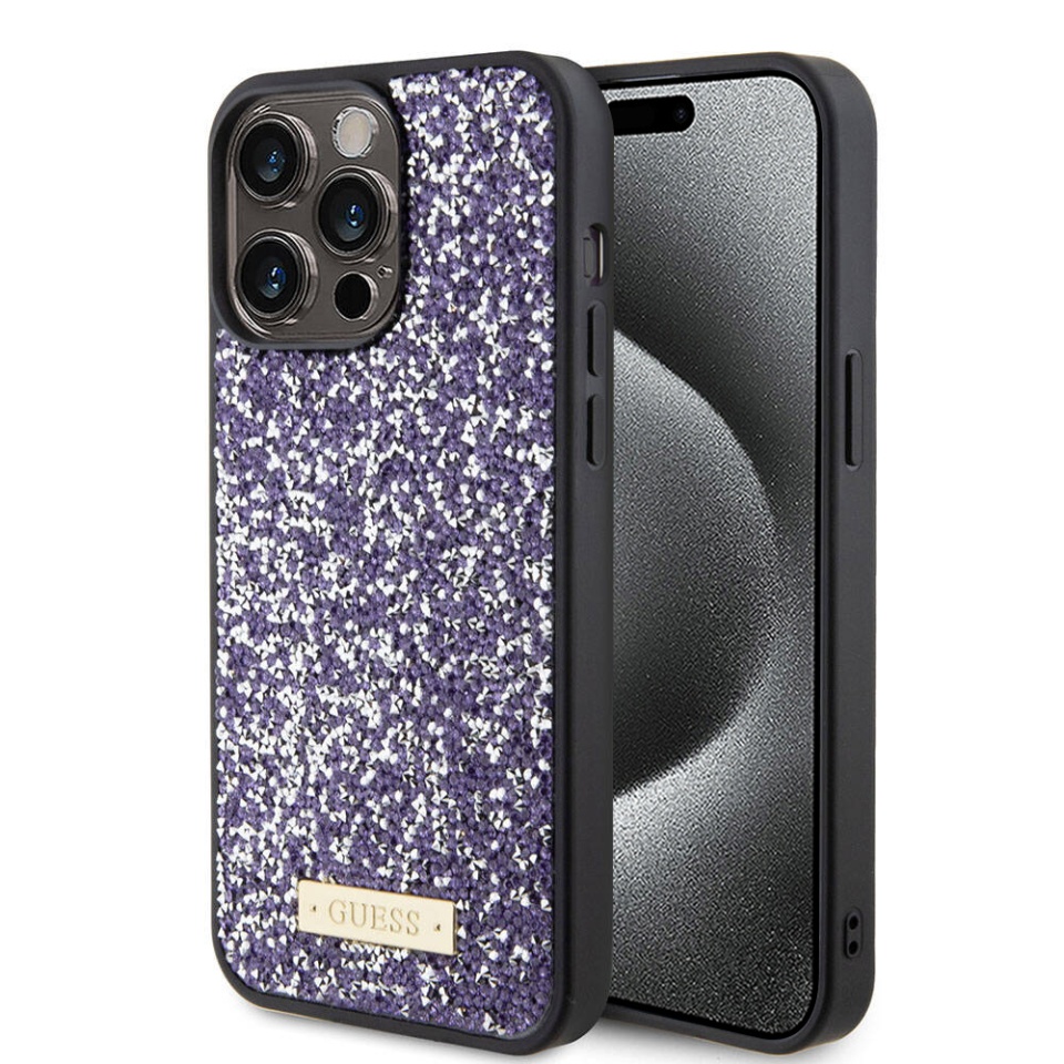 Husa pentru iPhone 15 Pro Max, Rhinestone Metal Logo, Guess, Mov