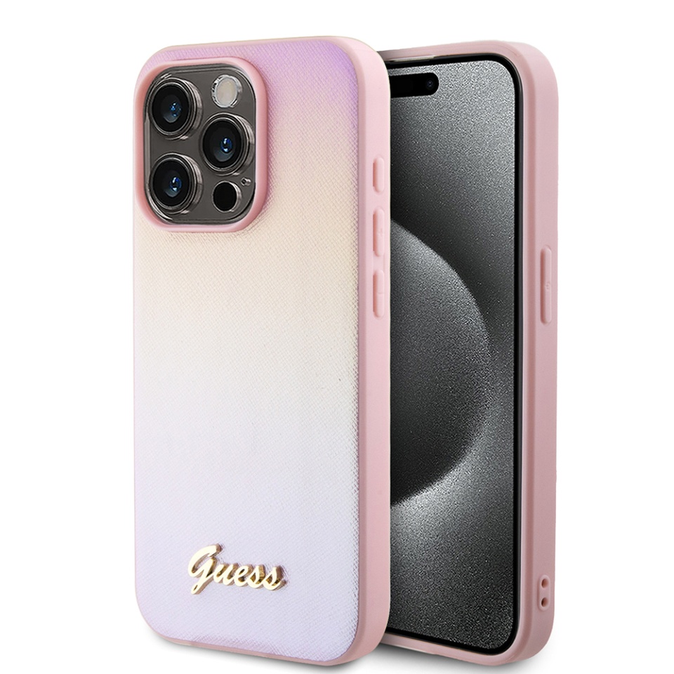 Husa pentru iPhone 15 Pro Max, Saffiano Iridescent Script, Guess, Roz