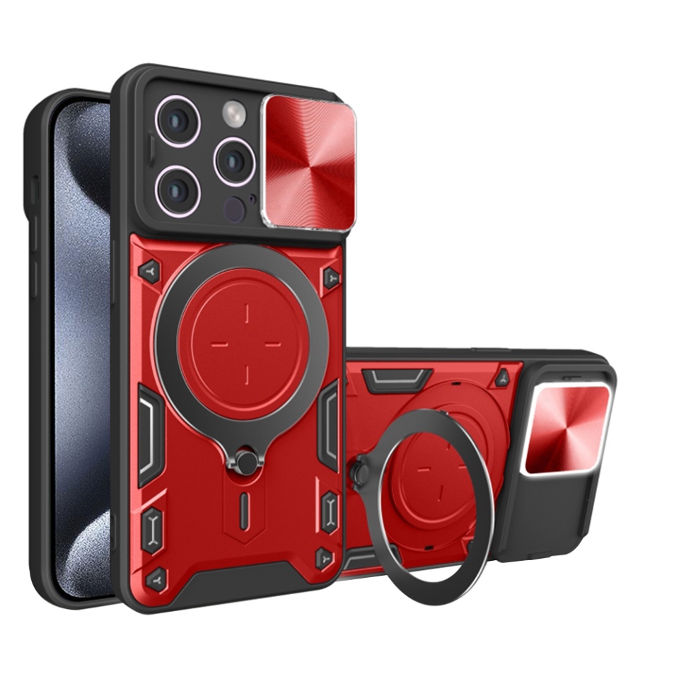 Husa pentru iPhone 15 Pro Max, SKYDDAR INNOVATION, CamGuard Pro, Inel Magnetic, Protectie Camera, Rosu, set cu sticker