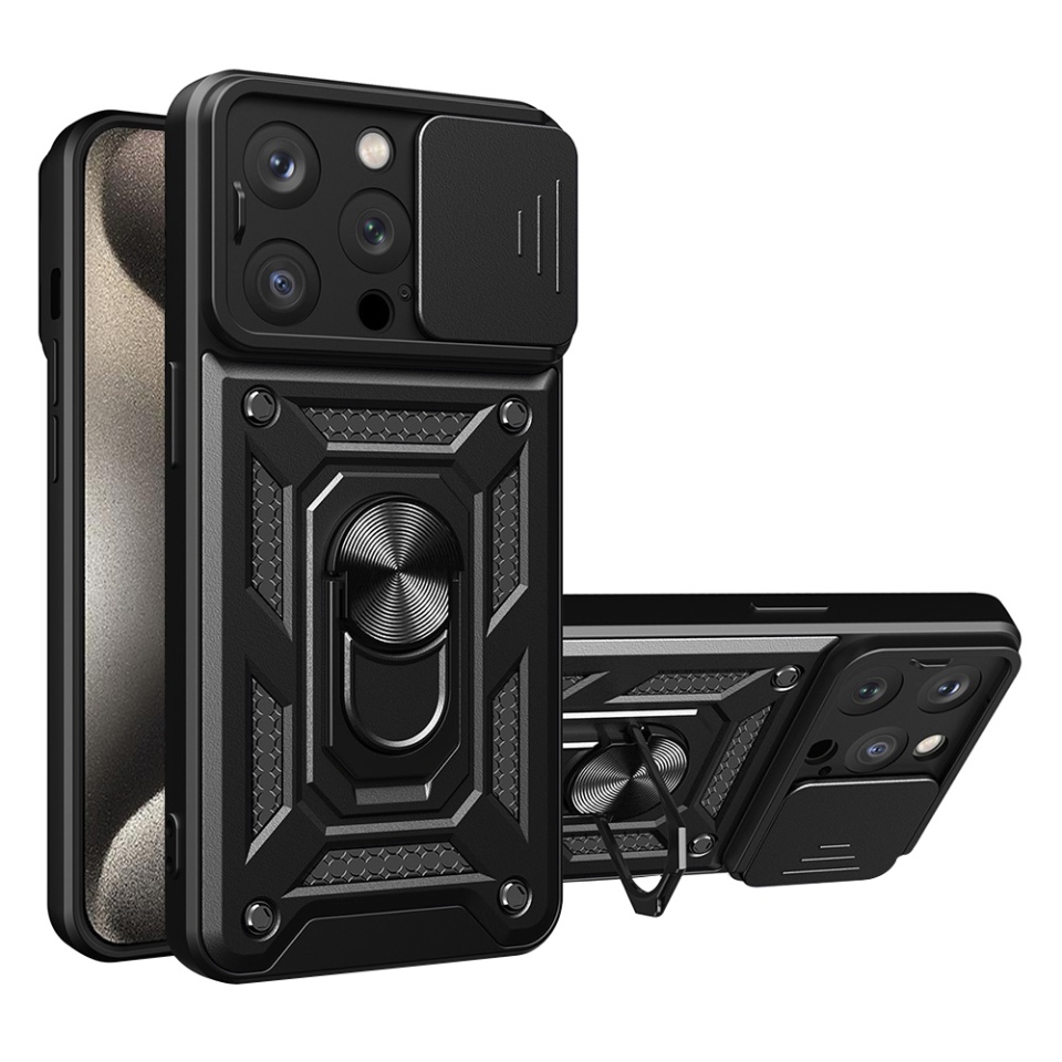 Husa pentru iPhone 15 Pro Max, SKYDDAR INNOVATION, CamShield, Negru, set cu sticker