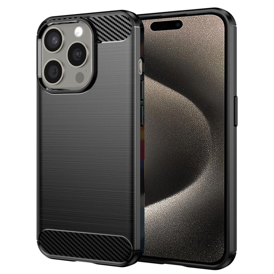 Husa pentru iPhone 15 Pro Max, SKYDDAR INNOVATION, Carbon Silicone, din Silicon Premium, Slim, cu textura Fibra Carbon, Negru, set cu sticker