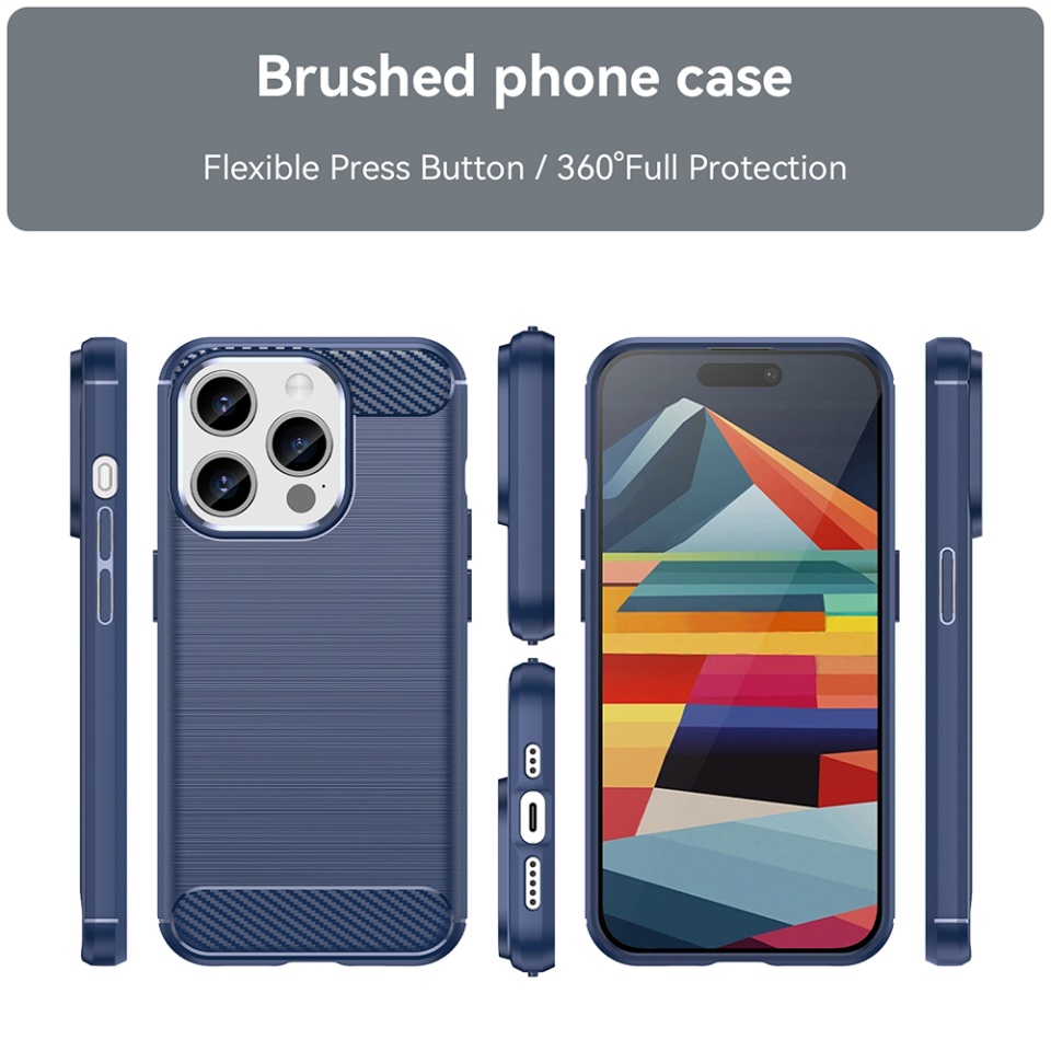 Husa pentru iPhone 15 Pro Max, SKYDDAR INNOVATION, Carbon Silicone, din Silicon Premium, Slim, cu textura Fibra Carbon, Albastru, set cu sticker - 1 | YEO